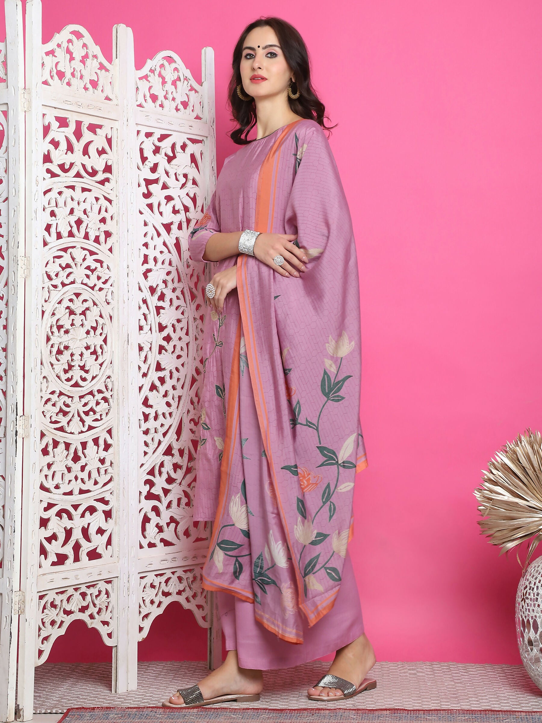 Jyoti Fashion Women's Purple Muslin Floral Print with Jari & Crystal work Kurta with Trouser & Dupatta - Distacart