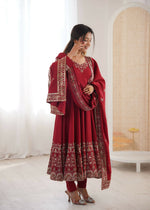 Thumbnail for Teeya Creation Maroon Roman Silk Embroidery Work Party Wear Long Gown - Distacart