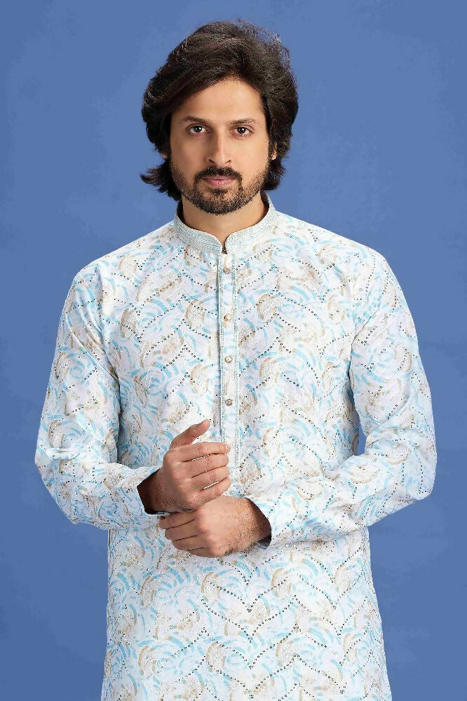Raivat Ethnic Cotton Embroidery Kurta Pajama In Sky Blue Colour - Dista