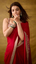 Thumbnail for Joban Fashion Red Fandy Satin Silk Party Wear Sarees - Distacart
