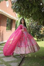 Thumbnail for Jyoti Fashion Women's Pink Russian Silk Digital Print with Embroidered Anarkali Dress with Dupatta - Distacart