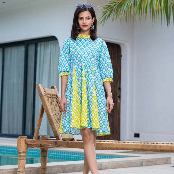 Yufta Sky Blue & Lime Green Pure Cotton Colour blocking Dress - Distacart