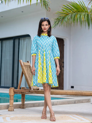 Yufta Sky Blue & Lime Green Pure Cotton Colour blocking Dress - Distacart