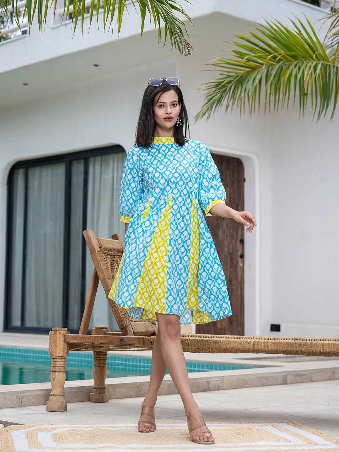 Yufta Sky Blue & Lime Green Pure Cotton Colour blocking Dress - Distacart