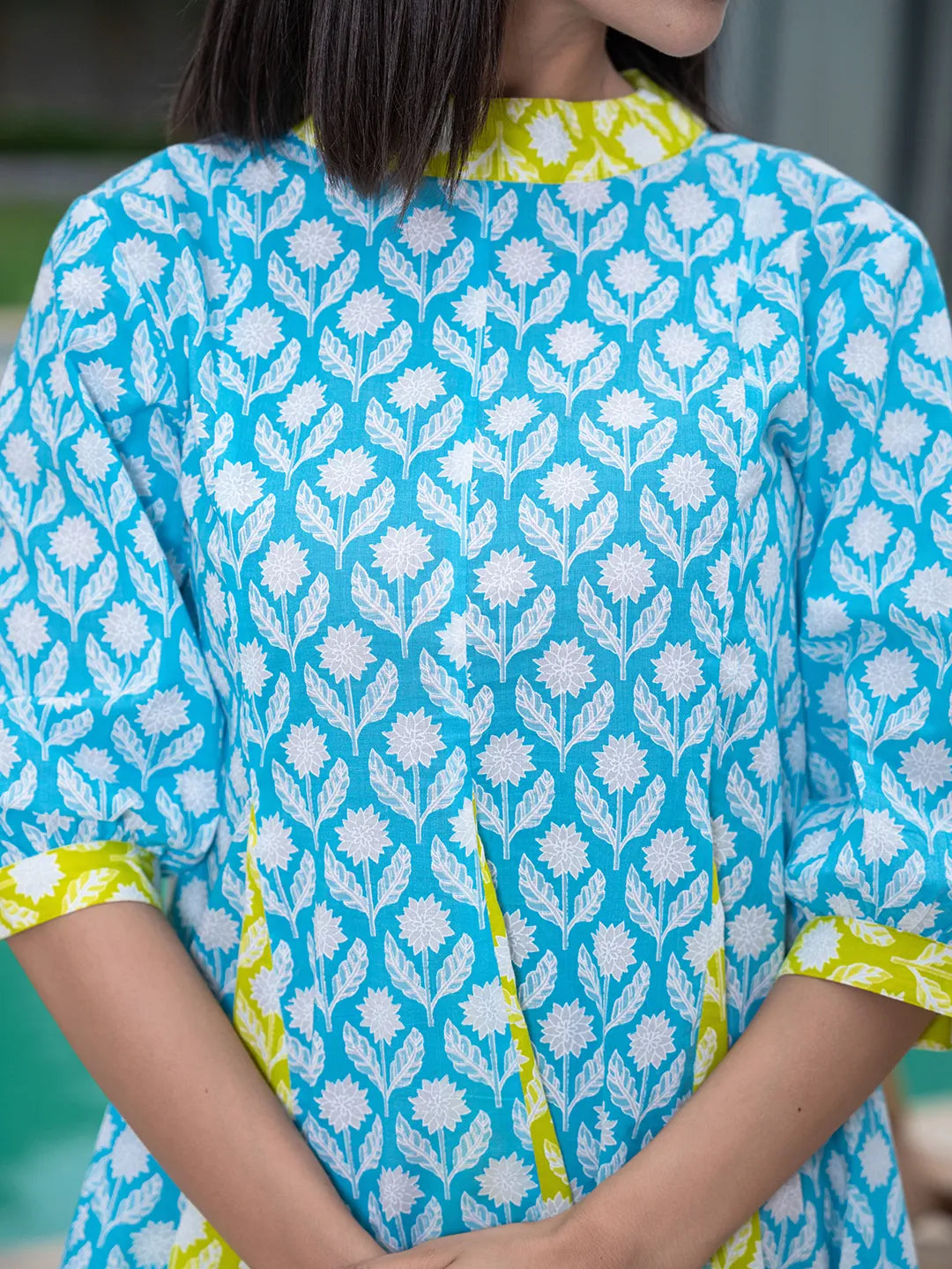 Yufta Sky Blue & Lime Green Pure Cotton Colour blocking Dress - Distacart
