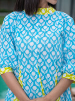 Thumbnail for Yufta Sky Blue & Lime Green Pure Cotton Colour blocking Dress - Distacart