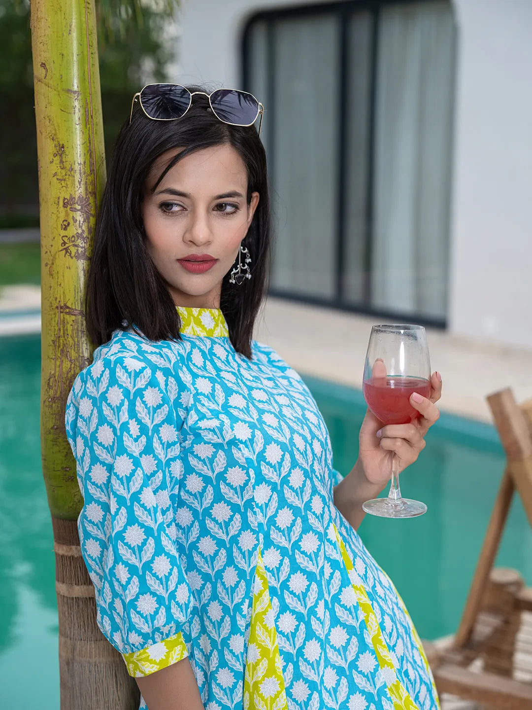 Yufta Sky Blue & Lime Green Pure Cotton Colour blocking Dress - Distacart