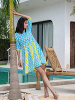 Thumbnail for Yufta Sky Blue & Lime Green Pure Cotton Colour blocking Dress - Distacart