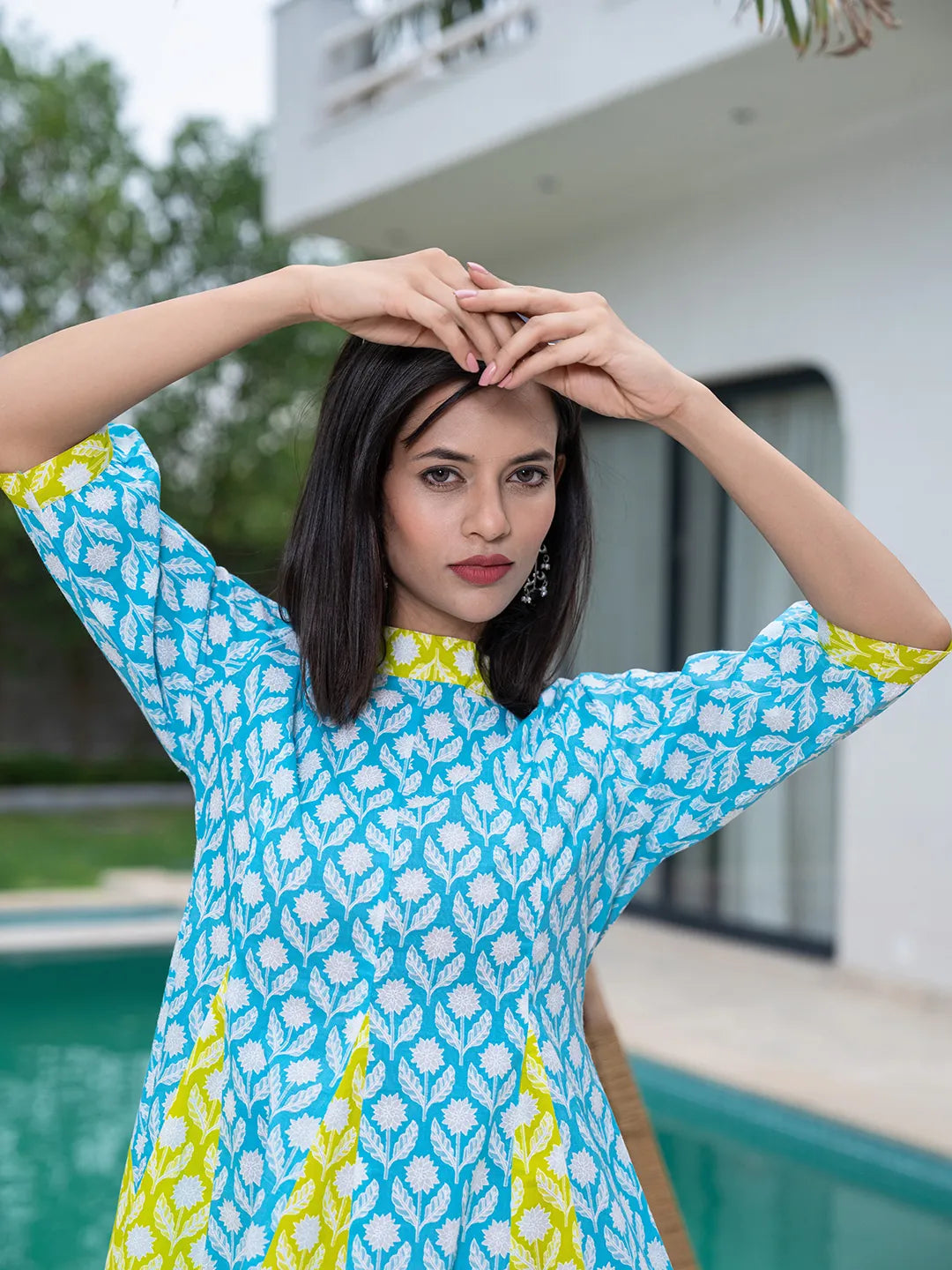Yufta Sky Blue & Lime Green Pure Cotton Colour blocking Dress - Distacart