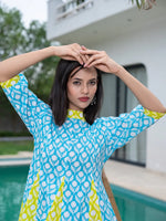 Thumbnail for Yufta Sky Blue & Lime Green Pure Cotton Colour blocking Dress - Distacart