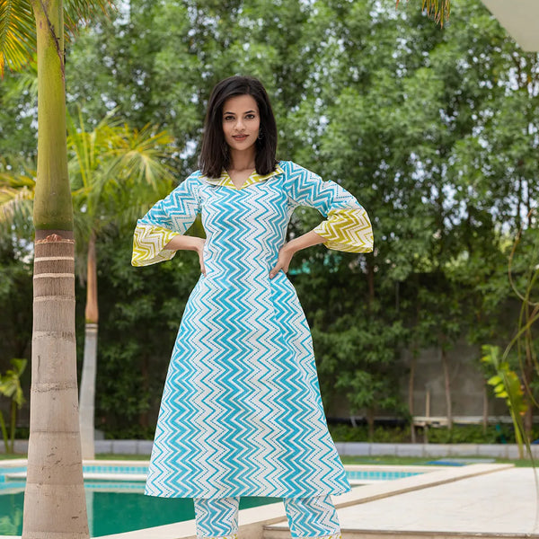 Yufta Sky Blue Cotton A-Line Colour blocking Kurta Trouser Set - Distacart