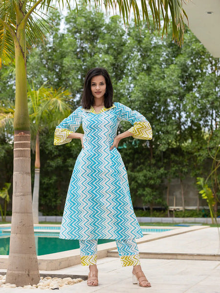 Yufta Sky Blue Cotton A-Line Colour blocking Kurta Trouser Set