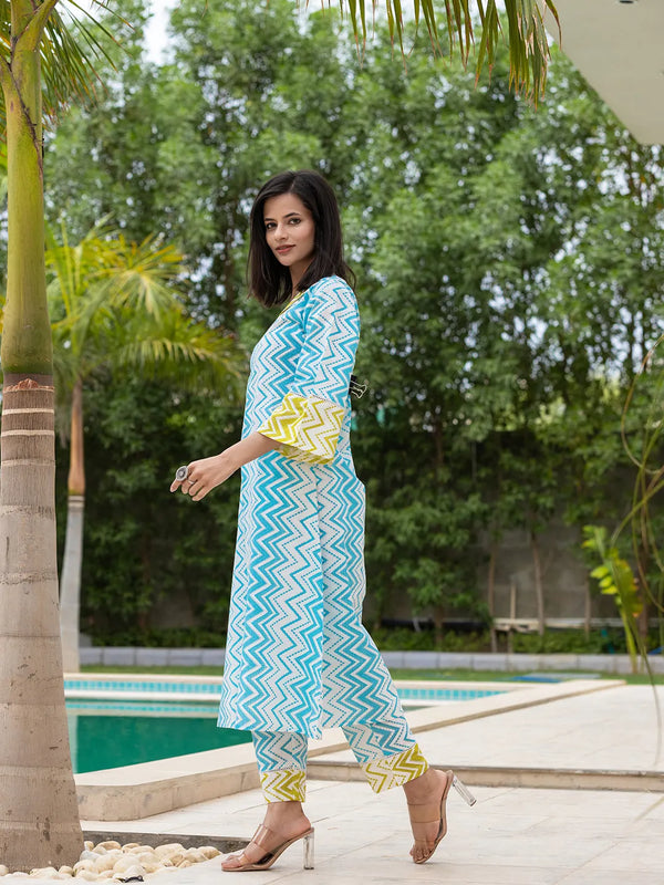Yufta Sky Blue Cotton A-Line Colour blocking Kurta Trouser Set