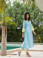 Thumbnail for Yufta Sky Blue Cotton A-Line Colour blocking Kurta Trouser Set