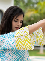 Thumbnail for Yufta Sky Blue Cotton A-Line Colour blocking Kurta Trouser Set