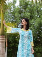 Thumbnail for Yufta Sky Blue Cotton A-Line Colour blocking Kurta Trouser Set