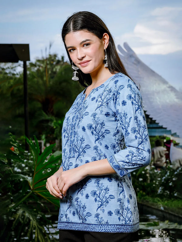 Yufta Sky Blue Cotton Floral Block Print Regular Top