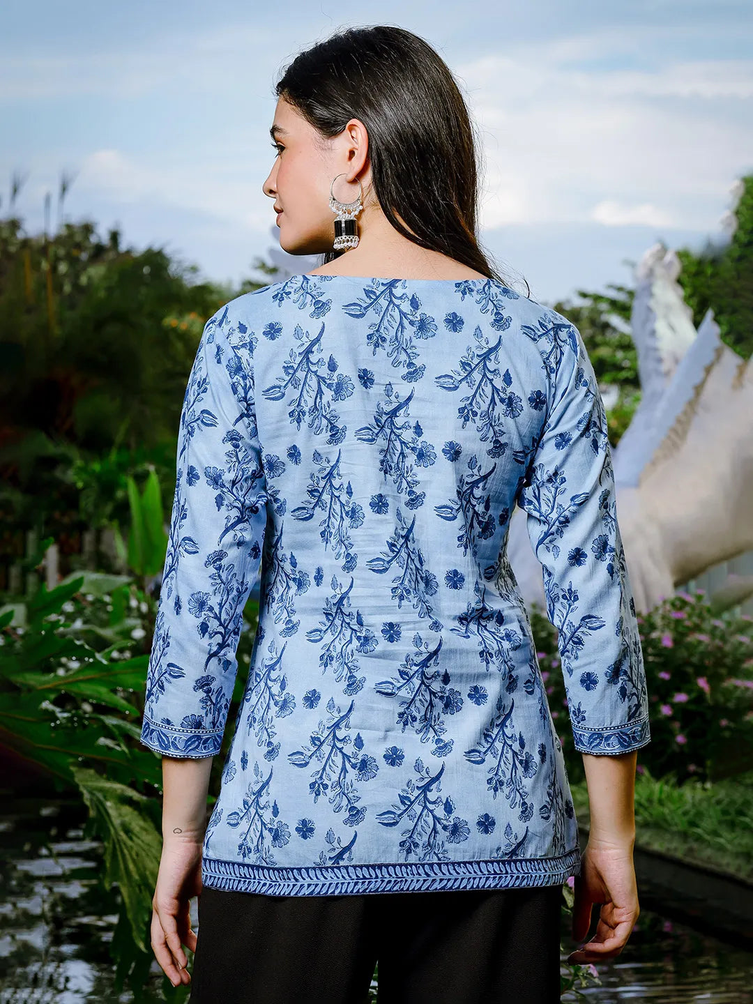 Yufta Sky Blue Cotton Floral Block Print Regular Top