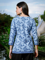 Thumbnail for Yufta Sky Blue Cotton Floral Block Print Regular Top
