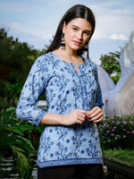 Thumbnail for Yufta Sky Blue Cotton Floral Block Print Regular Top