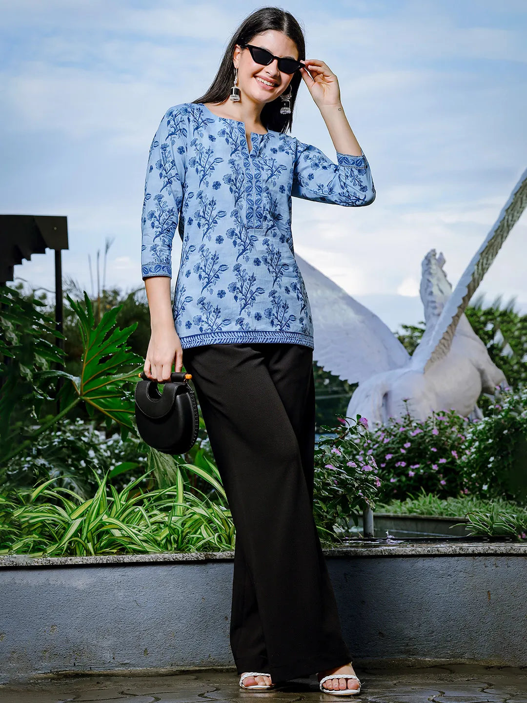 Yufta Sky Blue Cotton Floral Block Print Regular Top