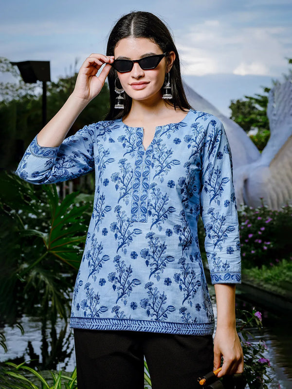 Yufta Sky Blue Cotton Floral Block Print Regular Top