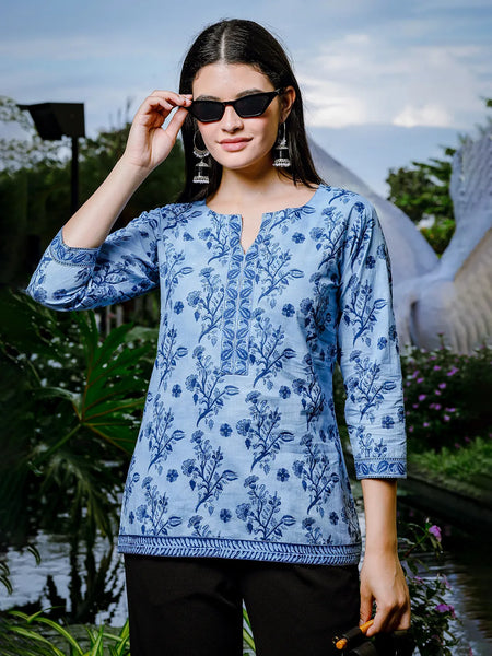 Yufta Sky Blue Cotton Floral Block Print Regular Top