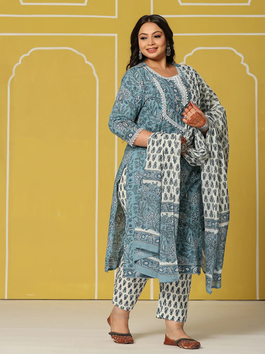 Yufta Sky Blue Cotton Straight Plus Size Kurta Set
