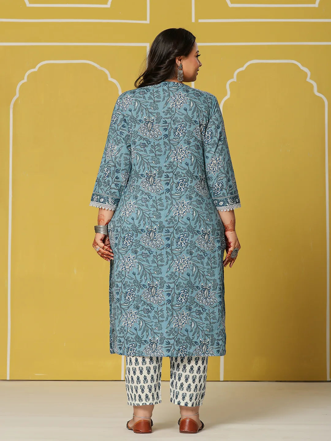 Yufta Sky Blue Cotton Straight Plus Size Kurta Set