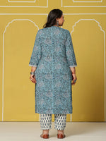 Thumbnail for Yufta Sky Blue Cotton Straight Plus Size Kurta Set