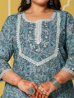 Thumbnail for Yufta Sky Blue Cotton Straight Plus Size Kurta Set