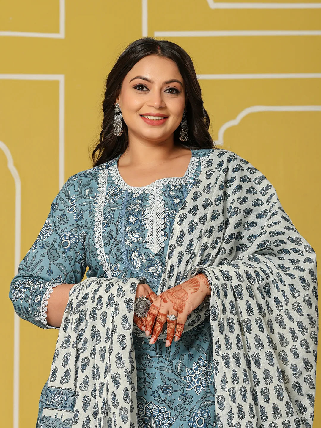 Yufta Sky Blue Cotton Straight Plus Size Kurta Set