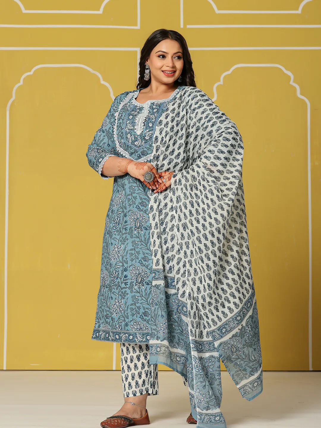 Yufta Sky Blue Cotton Straight Plus Size Kurta Set