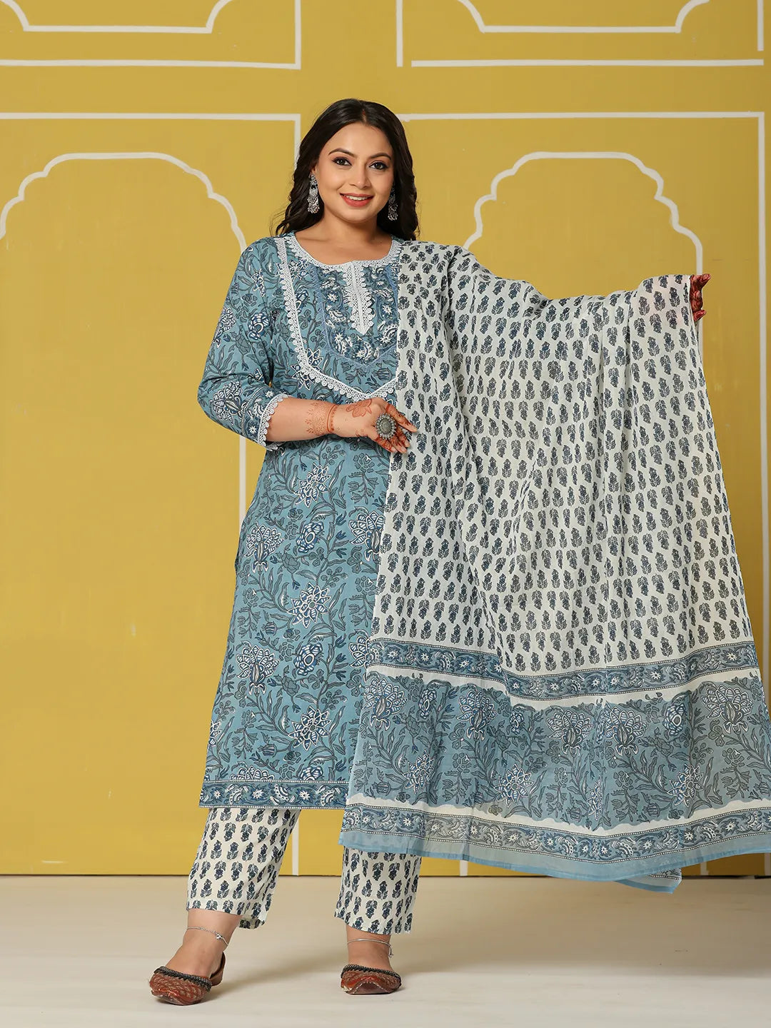 Yufta Sky Blue Cotton Straight Plus Size Kurta Set - Distacart