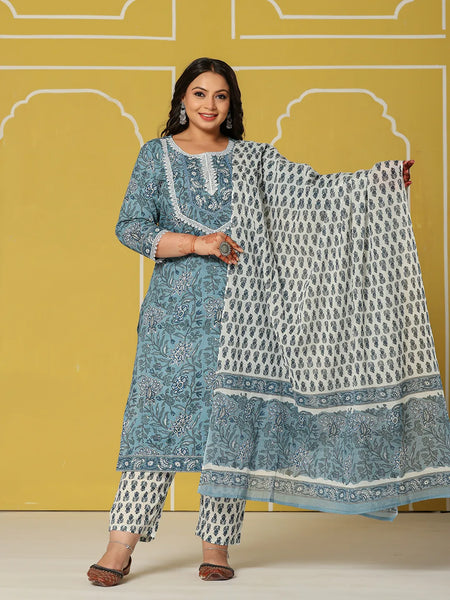 Yufta Sky Blue Cotton Straight Plus Size Kurta Set