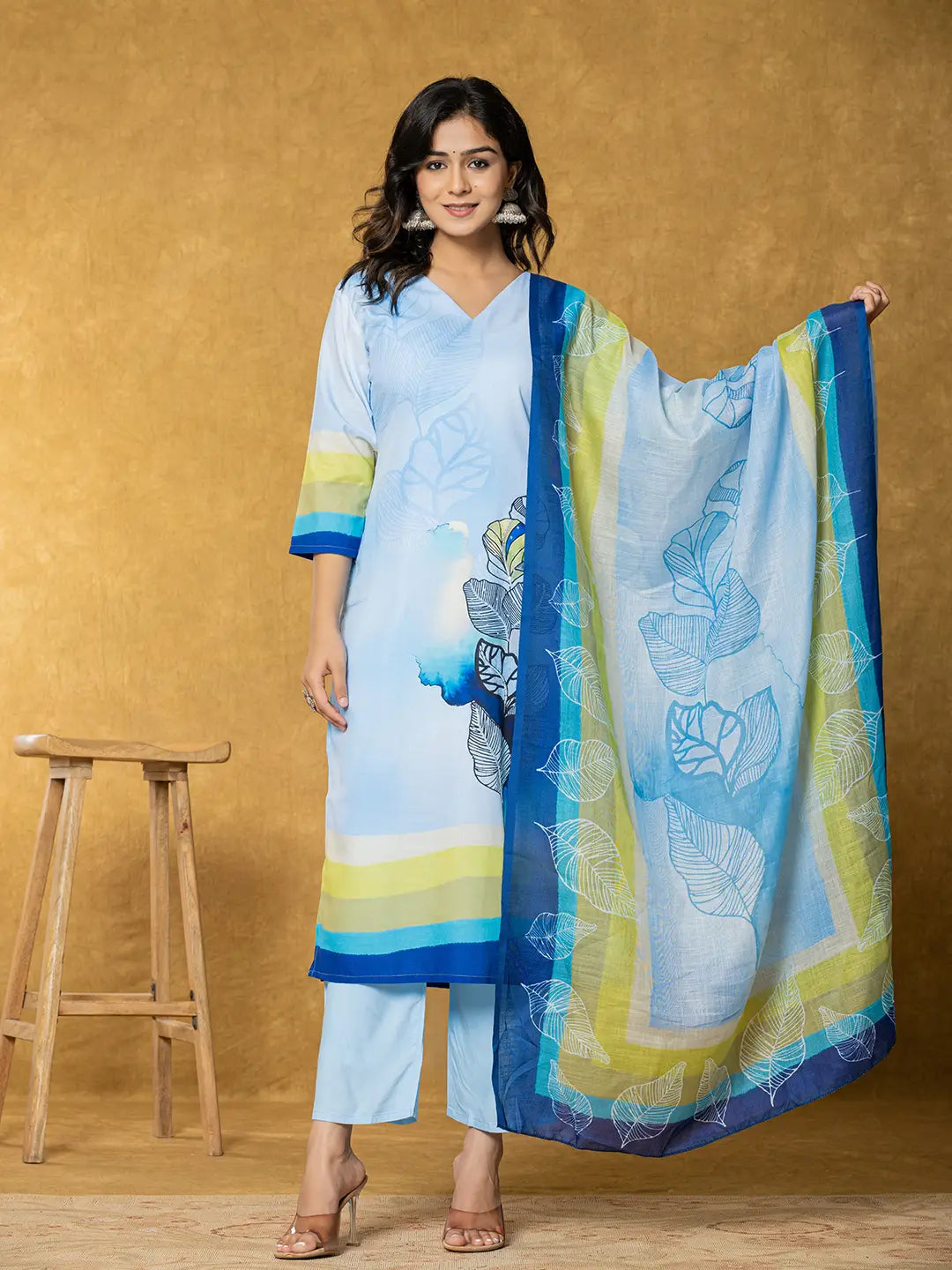 Yufta Sky Blue Linen Floral Kurta Dupatta Pant Set - Distacart