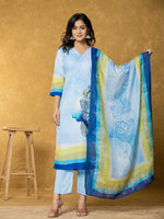 Thumbnail for Yufta Sky Blue Linen Floral Kurta Dupatta Pant Set