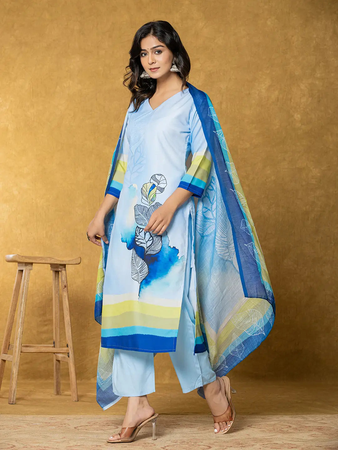 Yufta Sky Blue Linen Floral Kurta Dupatta Pant Set - Distacart
