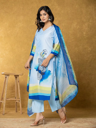 Yufta Sky Blue Linen Floral Kurta Dupatta Pant Set