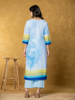 Thumbnail for Yufta Sky Blue Linen Floral Kurta Dupatta Pant Set