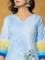 Thumbnail for Yufta Sky Blue Linen Floral Kurta Dupatta Pant Set