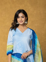 Thumbnail for Yufta Sky Blue Linen Floral Kurta Dupatta Pant Set
