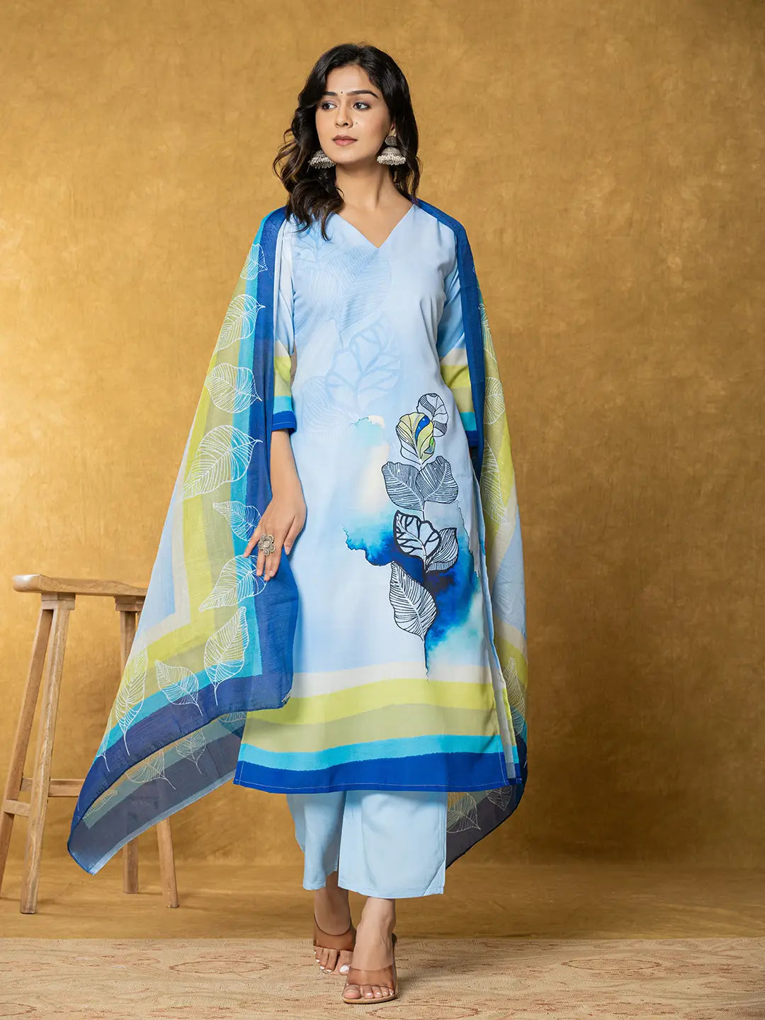 Yufta Sky Blue Linen Floral Kurta Dupatta Pant Set