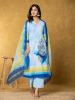 Thumbnail for Yufta Sky Blue Linen Floral Kurta Dupatta Pant Set