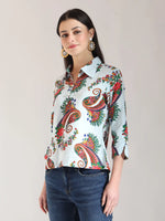 Thumbnail for Yufta Sky Blue Pure Cotton Paisley Peplum Top - Distacart