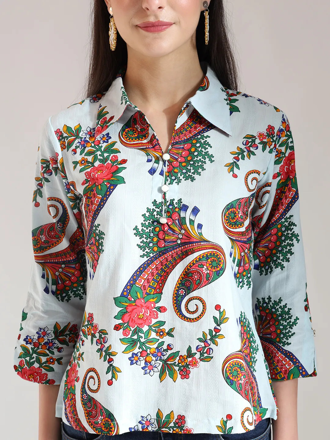 Yufta Sky Blue Pure Cotton Paisley Peplum Top - Distacart