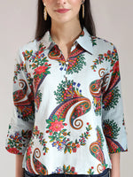 Thumbnail for Yufta Sky Blue Pure Cotton Paisley Peplum Top - Distacart