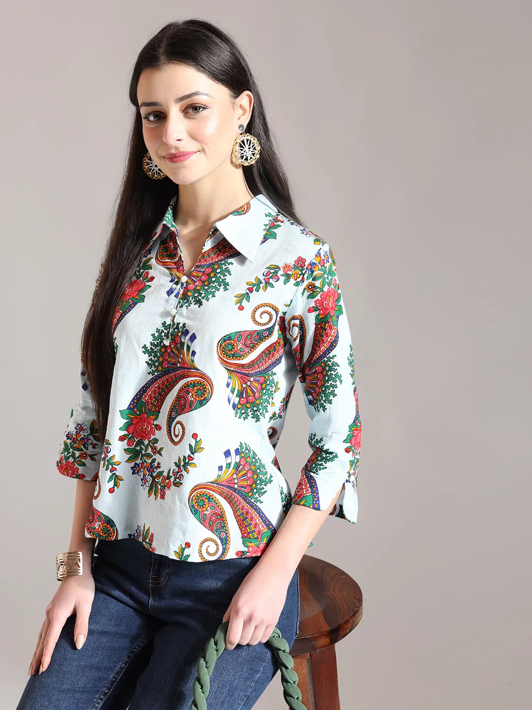 Yufta Sky Blue Pure Cotton Paisley Peplum Top - Distacart