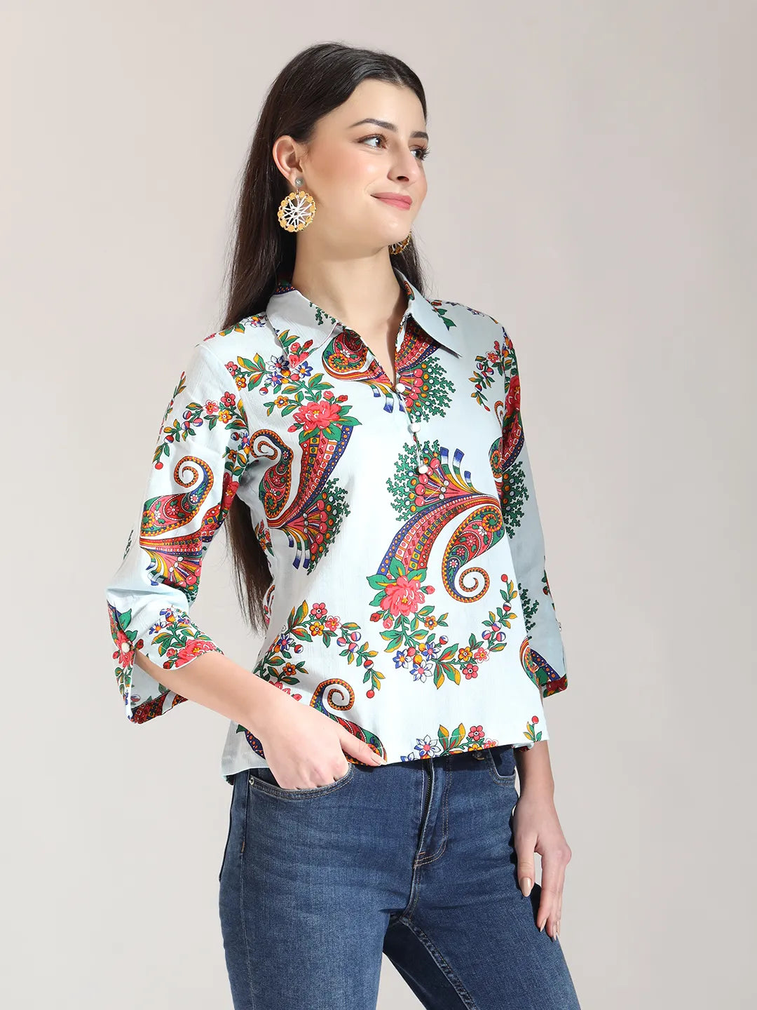 Yufta Sky Blue Pure Cotton Paisley Peplum Top - Distacart