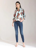 Thumbnail for Yufta Sky Blue Pure Cotton Paisley Peplum Top - Distacart